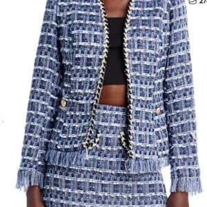 Aqua Checkered Tweed Blazer with Fringe